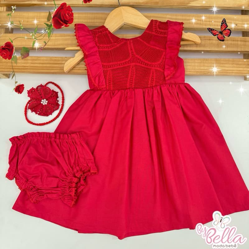 VESTIDO E CALCINHA LUZ VERMELHO INFANTIL MENINA BEBÊ BORDADO RENDA RENASCENÇA 01 ano