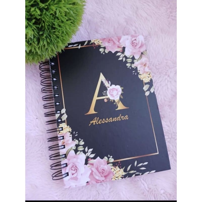 AGENDA  PERSONALIZADA 2026 - CAPA PRETA FLORAL ALFABETO  AGENDA FLORAL ALFABETO AGENDA PRETA
