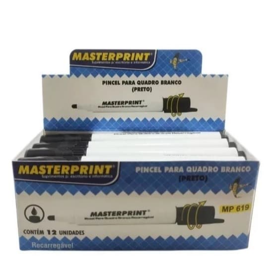 Pincel Quadro Branco Recarregável Caixa com 12 Unidades Cor Preto Masteprint