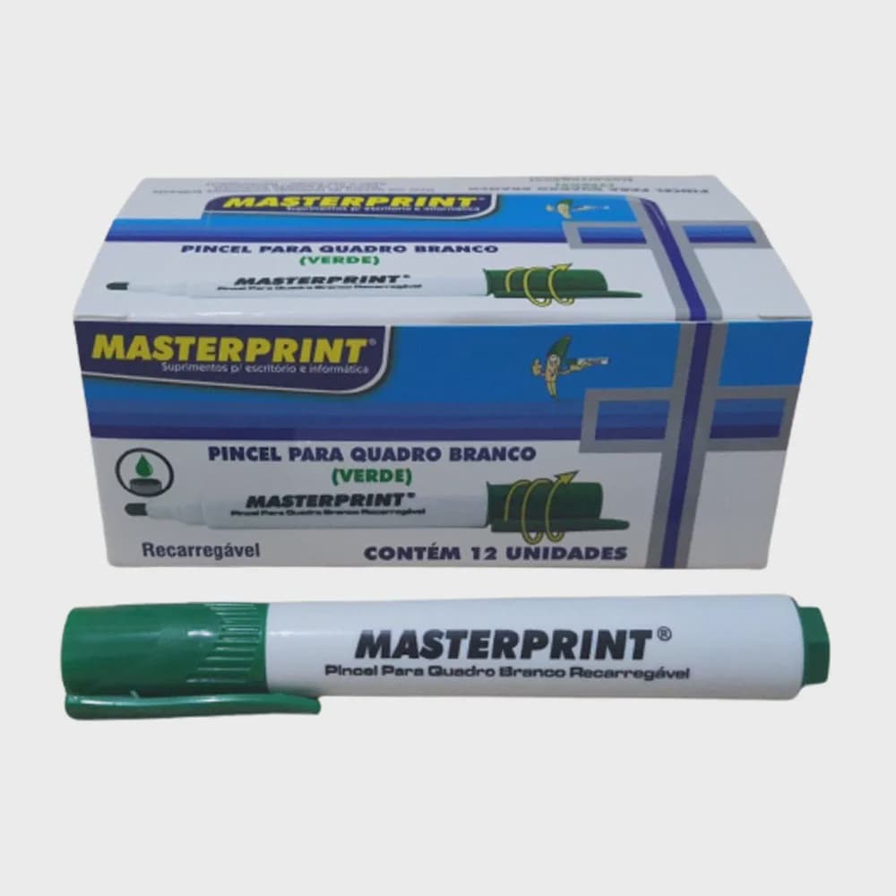 Pincel Quadro Branco Recarregável Caixa com 12 Unidades Cor Verde Masteprint