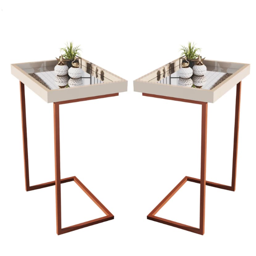 Kit 2 Mesa Lateral De Apoio Com Espelho E Pé De Aço Perola Bronze Elegante
