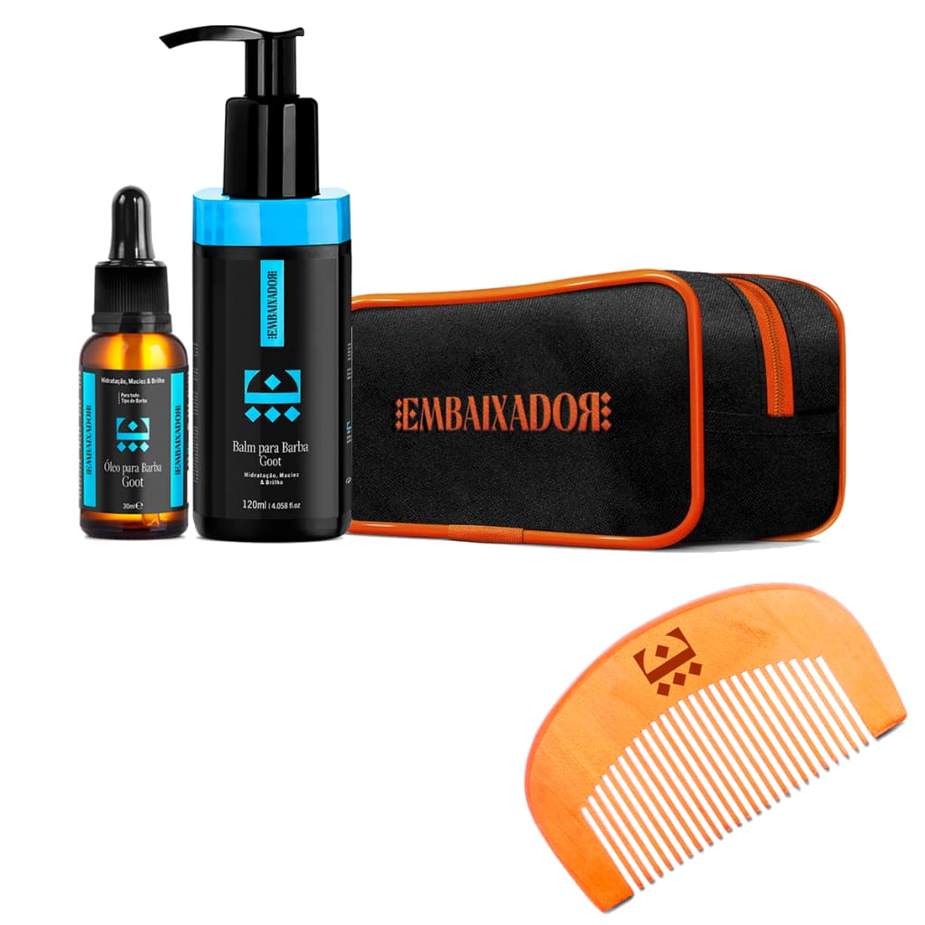 KIT BARBA + NECESSAIRE - 1 BALM + 1 ÓLEO PARA BARBA + 1 PENTE DE BARBA GOOT EMBAIXADOR