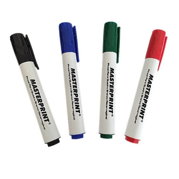 Kit Com 4 Pincel Quadro Branco Recarregável Cores Diversas Azul Vermelho Verde Preto Masteprint