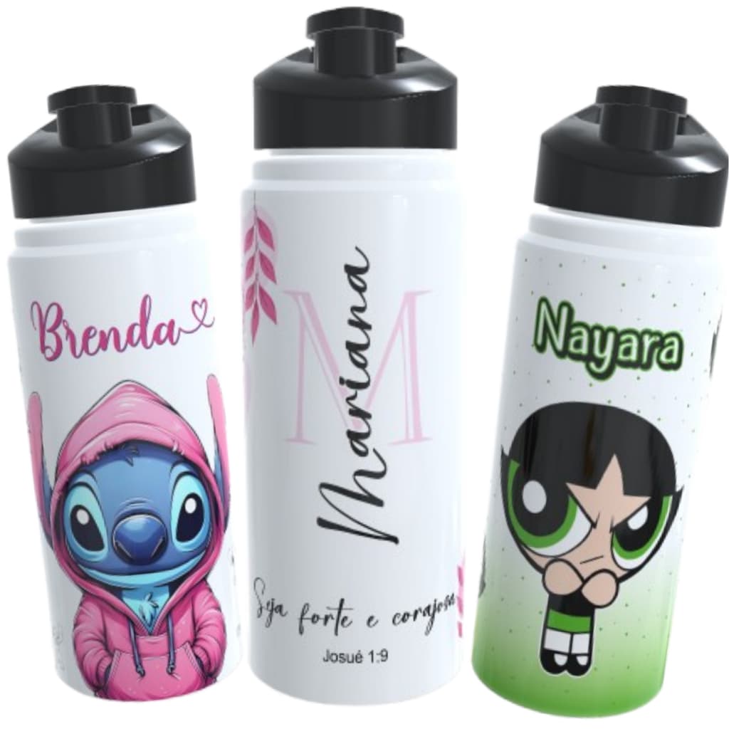squeeze/garrafa/garrafinha de água de alumínio personalizada nome seja forte e corajosa docinho stitch moletom rosa