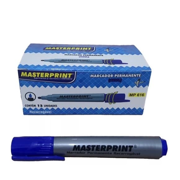 Pincel Marcador Permanente Caixa com 12 Unidades  ( Cor azul)  Recarregável Caneta Permanente Masterprint