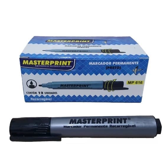 Pincel Marcador Permanente Caixa com 12 Unidades  ( Cor preto)  Recarregável Caneta Permanente Masterprint