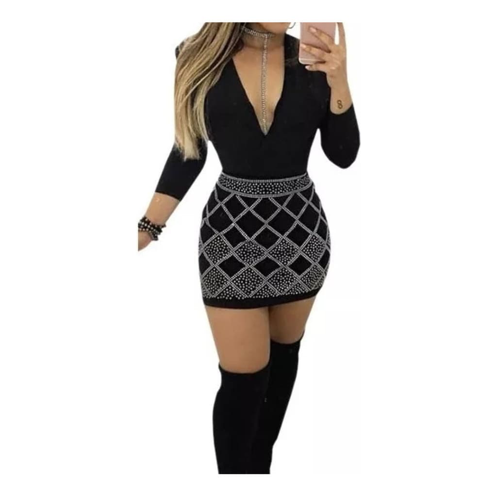 Conjunto Saia E Body Feminino Pedraria Manga Longa Festa