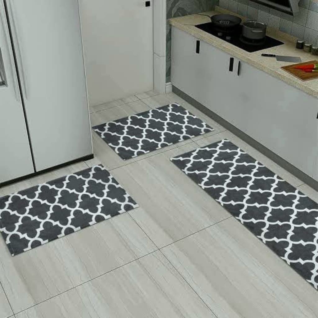 Kit Tapetes Geométricos para Cozinha e Banheiro –Tecido De Jacquard Premium e Base Antiderrapante