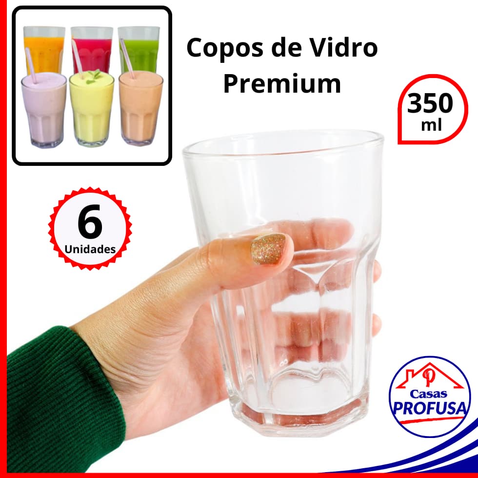 Jogo 6 Copos de Vidro Premium Transparente Resistente 350ML Vitaminas Smoothie Suco Chá Refrigerante