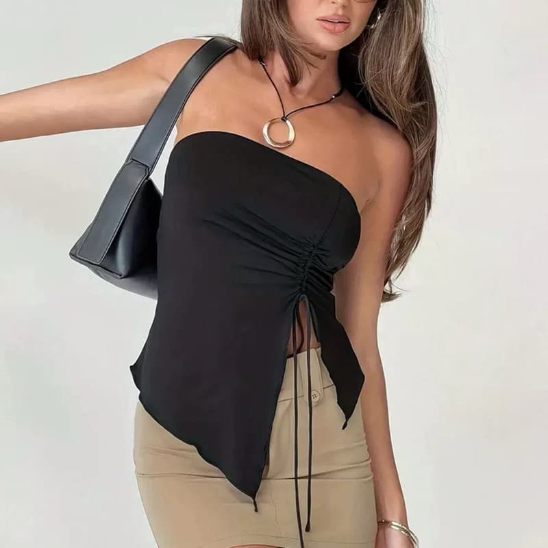 Casual Blusa Feminina Lisa Assimétrica com Cordão D-34