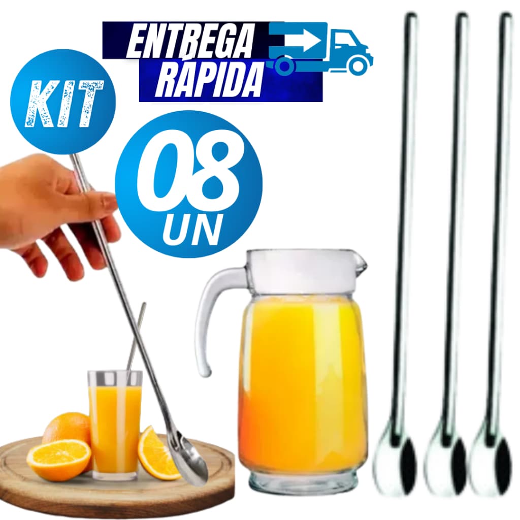 Conjunto Kit 08/04  Peças Colher Bailarina de Suco em Inox 30cm Linha Premium Sucos Drinks Bebidas