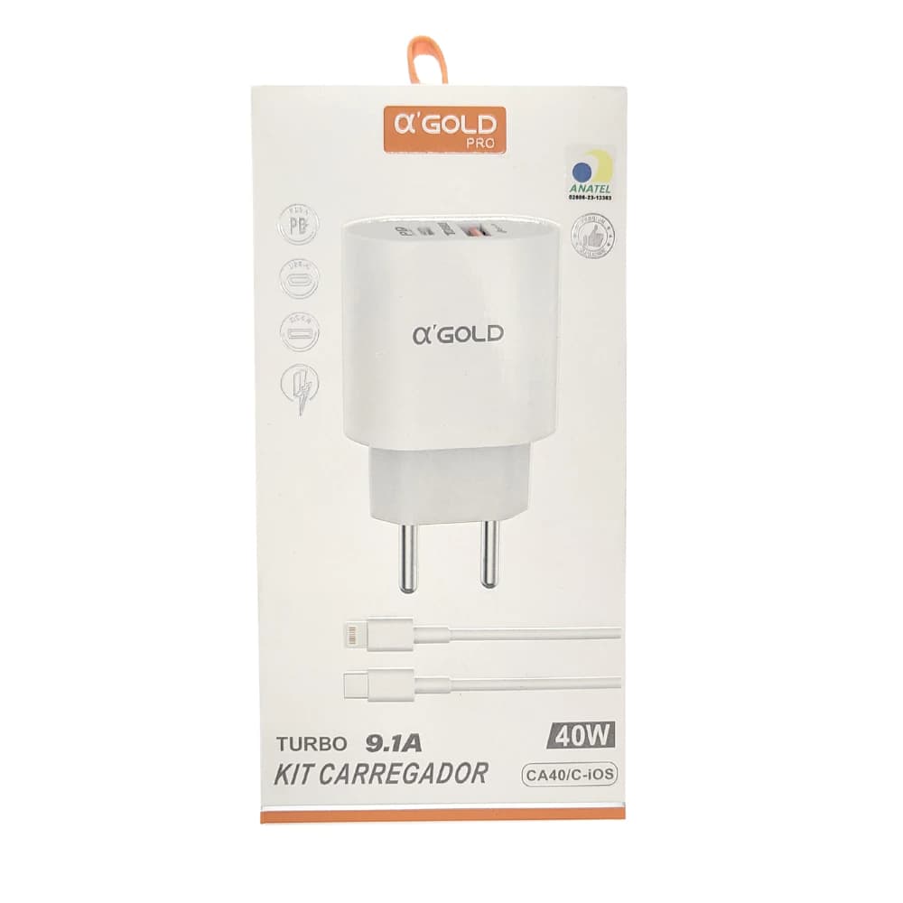 Kit Carregador Turbo 40w Carregador Rapido Para Celular IOS Turbo Carregador Saída USB-c Carregador 9.1A Fonte e Cabo