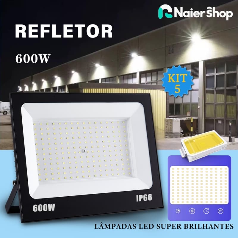 Kit 5 Refletor LED de 600W Holofote com luz fria e bivolt Luminária adequada para iluminação