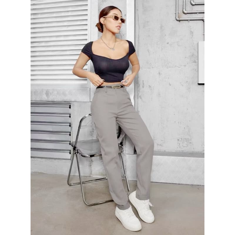 Calça femininos social clochard cintura de alfaiataria/Com cinto/Com bolsos