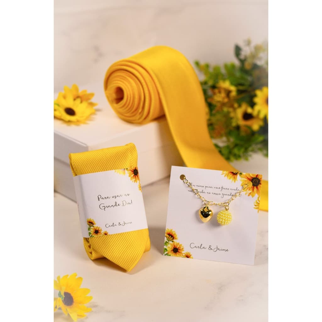 Gravata Amarela 1200 fios Jacquard e Pulseira Amarela para Padrinhos e madrinhas Casamento