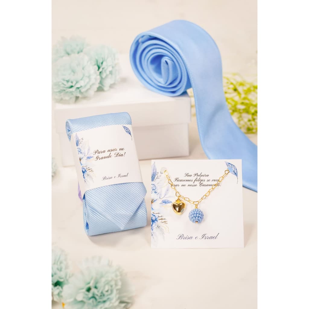 Gravata Azul serenity 1200 fios Jacquard e Pulseira Azul Serenity Padrinhos e madrinhas Casamento