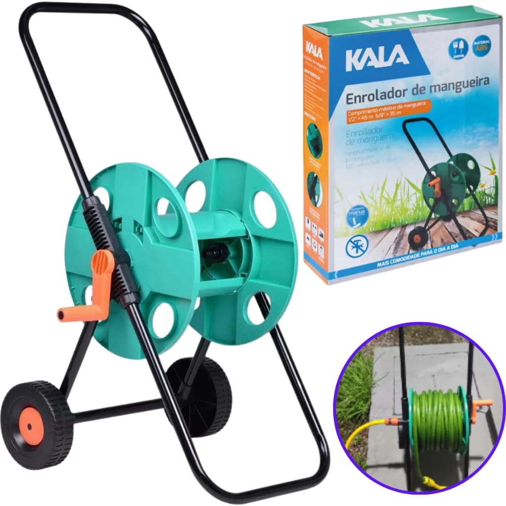 Enrolador Mangueira Carrinho 1/2 (45m) e 5/8 (35m) - Kala - Prático e Resistente p/ Uso Diário