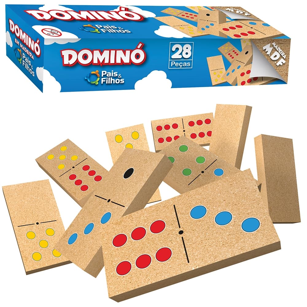 DOMINO DE MADEIRA MDF 50X25X10MM COM PONTO COLORIDO NA CAIXA Código 831908