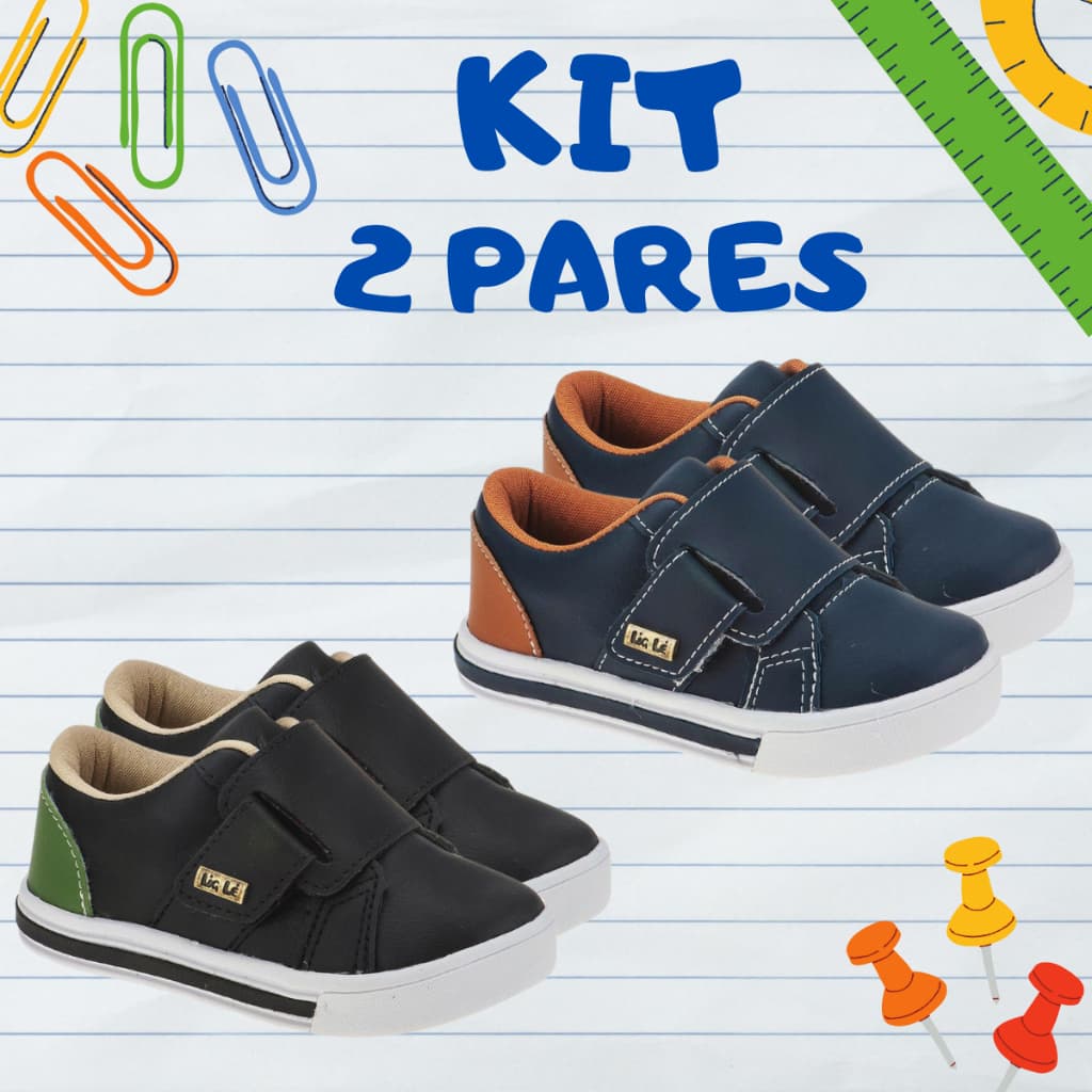 Kit 2 pares Tênis Infantil Menino Casual Preto Marinho Confortável Escolar Calce Fácil Sem Cadarço