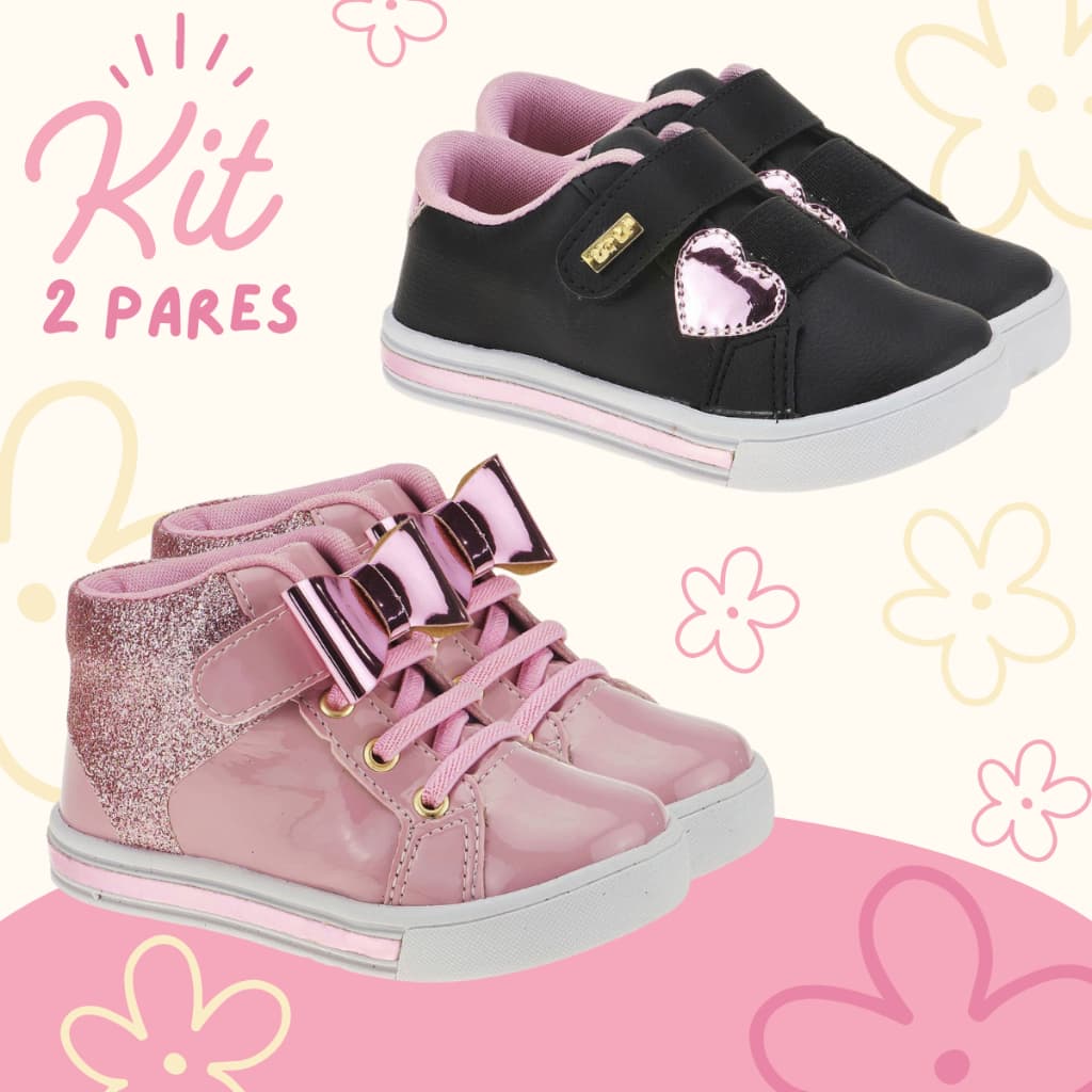 Kit 2 Pares Tênis Infantil Menina Casual Escolar Cano Alto Botinha Confortável Sem Cadarço Leve Moda