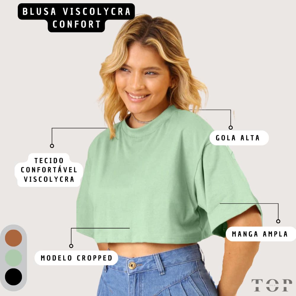 Blusa Feminina  Basica T Shirt Top Cropped Gola Alta Meia Manga
