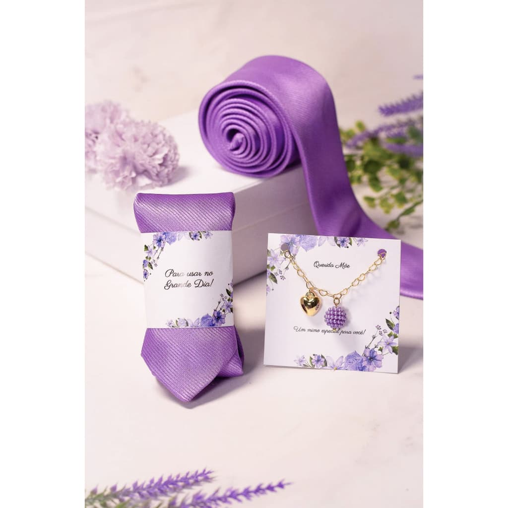 Gravata Lilas 1200 fios Jacquard e Pulseira Lilas para Padrinhos e madrinhas Casamento