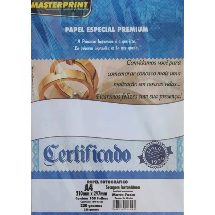 Papel fotográfico Masterprint A4 MATTE 230g  FOSCO 100 folhas