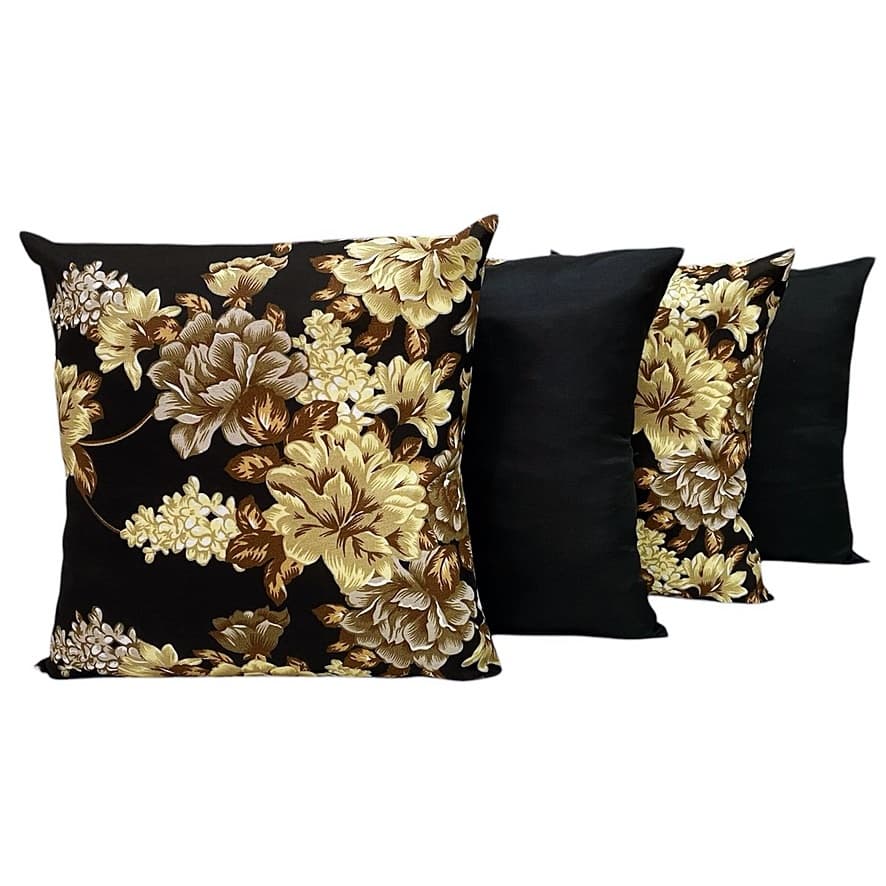 Kit 4 Capas Almofadas 2 Estampadas Flor Bege e 2 Preta Lisa 45 X 45 Cm Com Zíper
