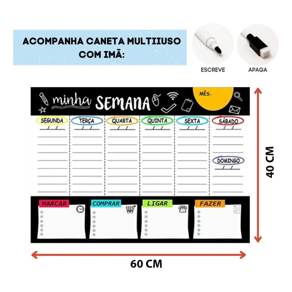 Quadro Planner Lousa Magnética de Anotações 40x60cm Planejamento Semanal Colorido +1 Caneta Apagador