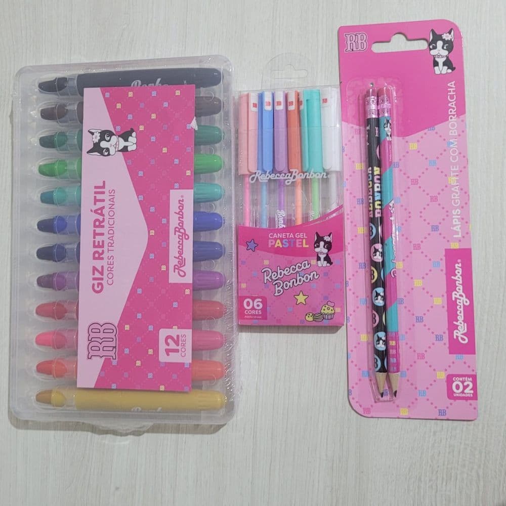 Pacote Rebecca Bonbon Giz Retratil Lapis Caneta Gel Kit Escolar