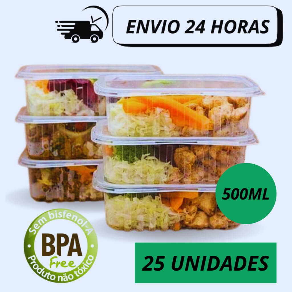 Pote Marmita Retangular 500ml Freezer e Microondas BPA Free Transparente Tampa AbreFecha CristalCopo