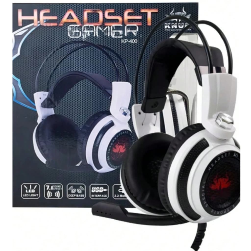 Fone De Ouvido Over-ear Gamer Knup Kp-400 Branco E Preto Com Luz Led P2XP2