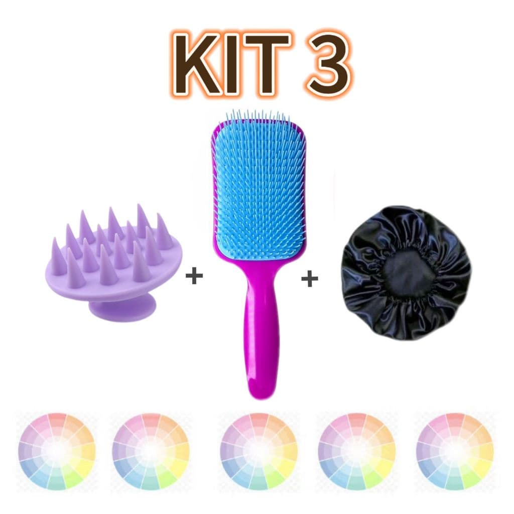 Kit Com Escova Lava Cabelo Massageadora +Escova Raquete + Touca de Cetim