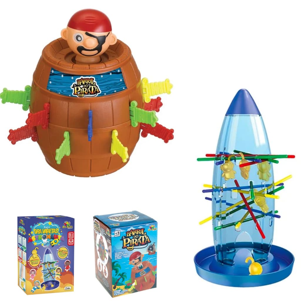 Kit 2 Jogos De Tabuleiro Infantil Educativos Pedagógicos Tira Vareta Astronauta Pega Varetas E Jogo Barril Pula Pirata