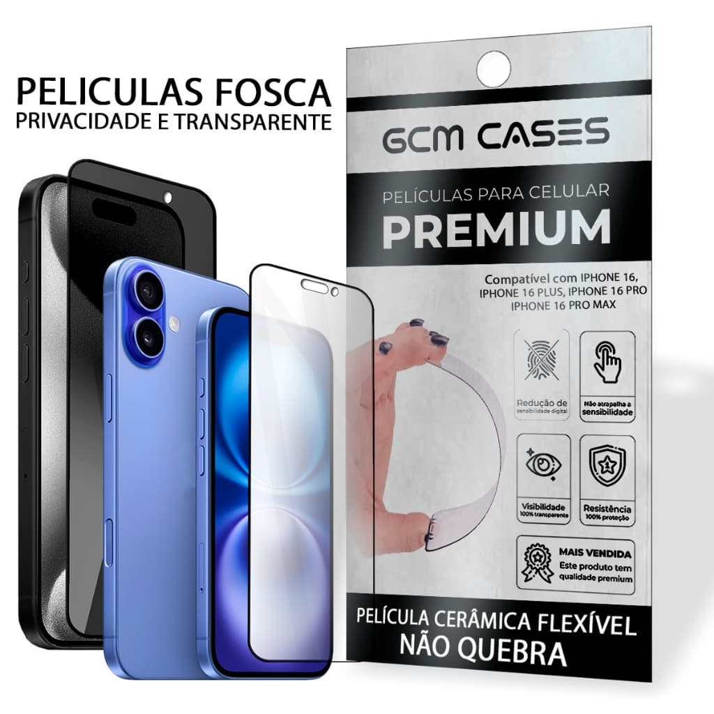 Película FOSCA Para iPhone 16 Todos Modelos 9H Privacidade e Transparente Flexivel Ceramica Cuiosos Spy