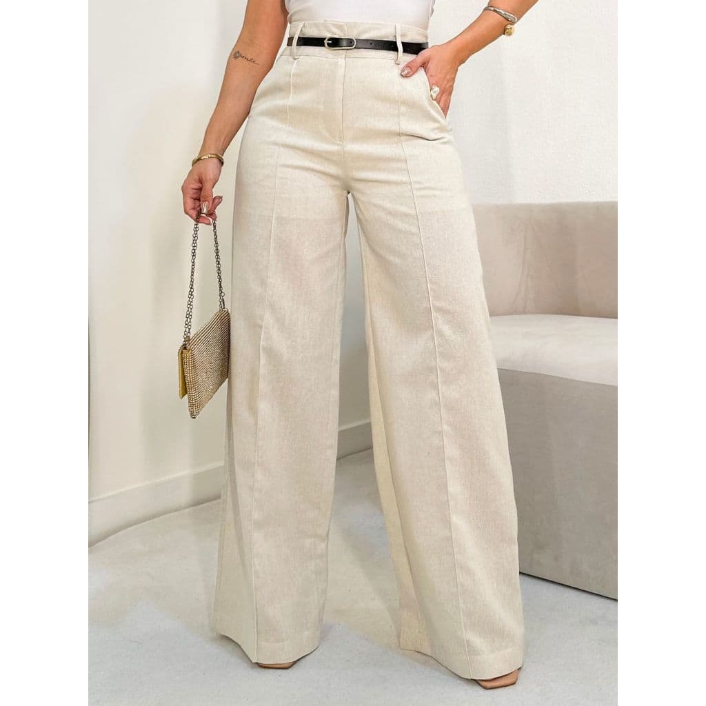 EMILI Calça Alfaiataria Wide Leg Em Linho Feminino E C/Cinto-S852