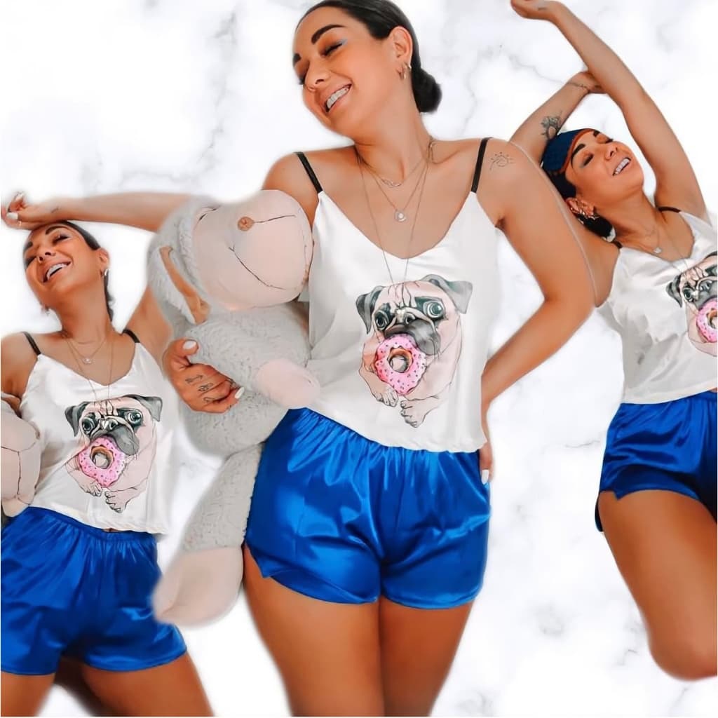 Pijama Feminino Cetim Shorts Bulldog alça regulável Luxo Promoção Roupa de Dormir