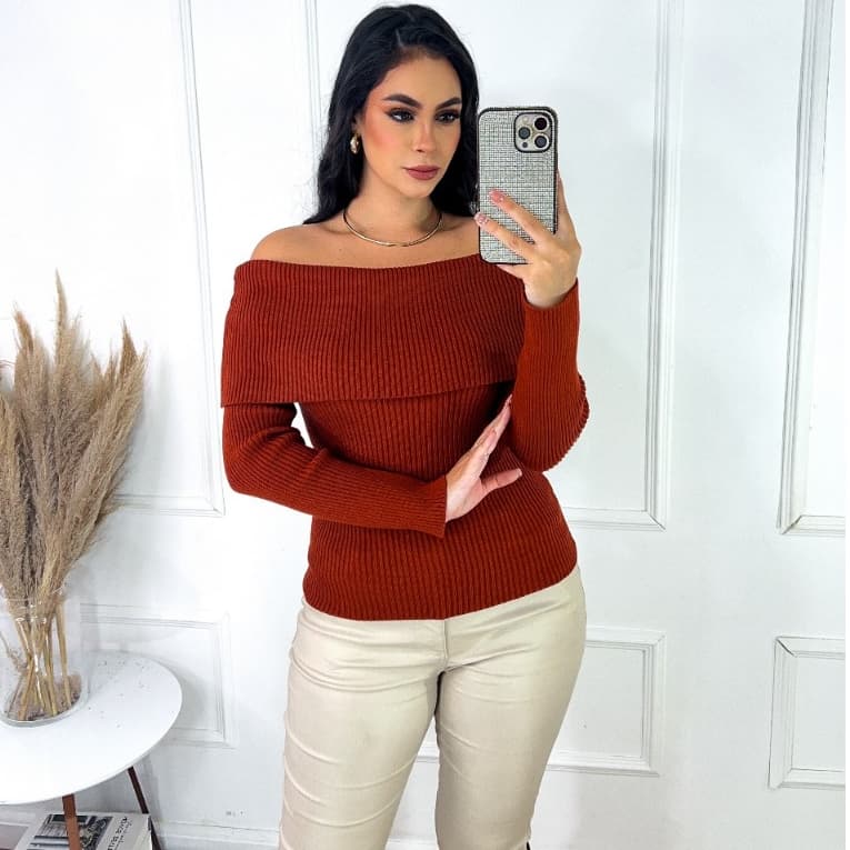 Blusa Tricot Canelada Ombro a Ombro feminino No Modal Premium Outono Inverno