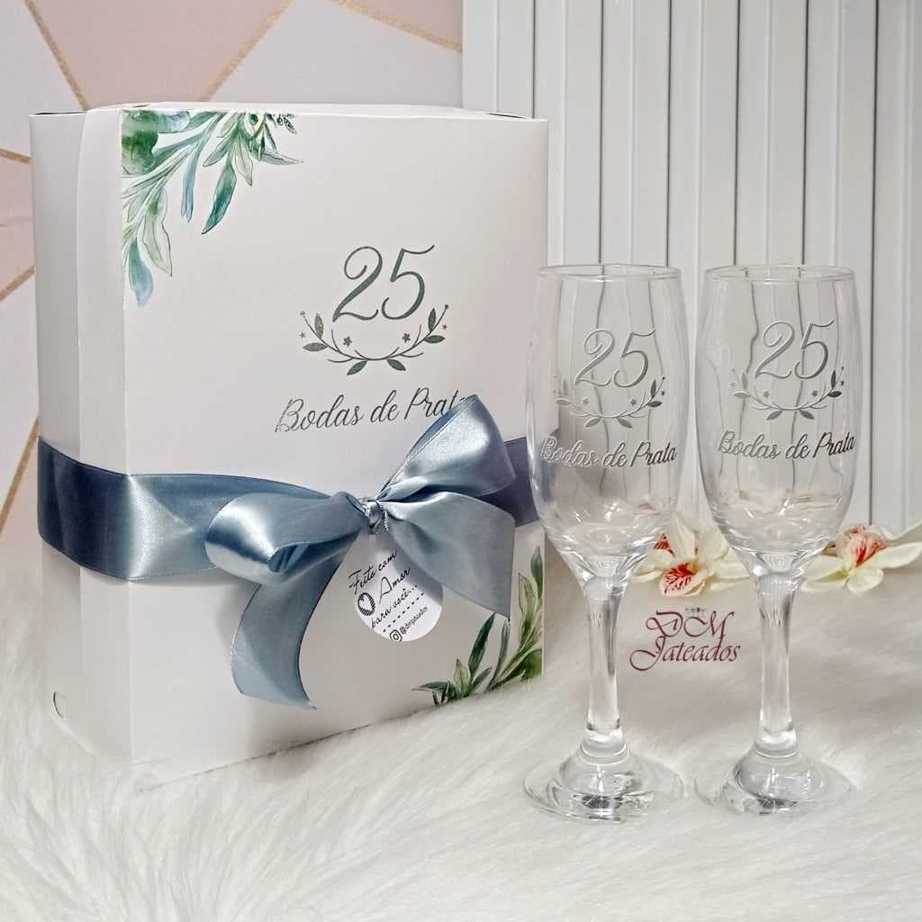 2 Taças Champanhe / 25 Anos / Bodas De Prata / Caixa Presente