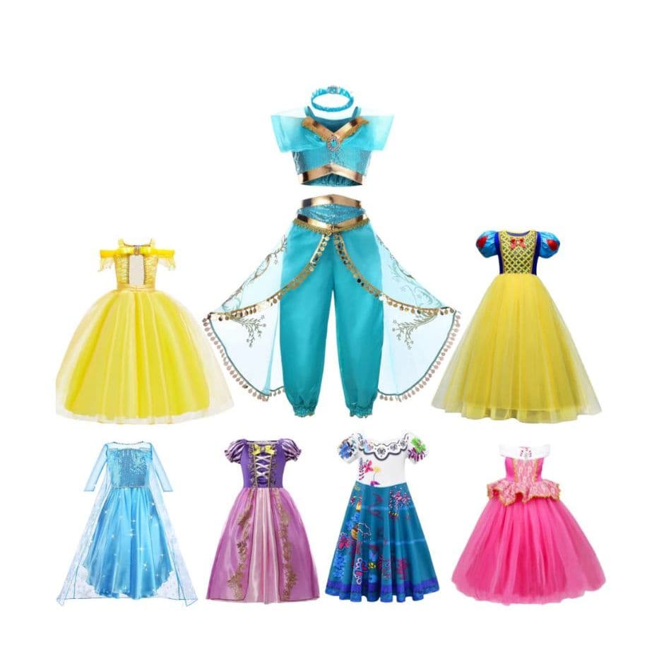 Fantasia Princesas Infantil Disney Vários Modelos Jasmine Frozen Branca de Neve Rapunzel Festa Carnaval Cosplay