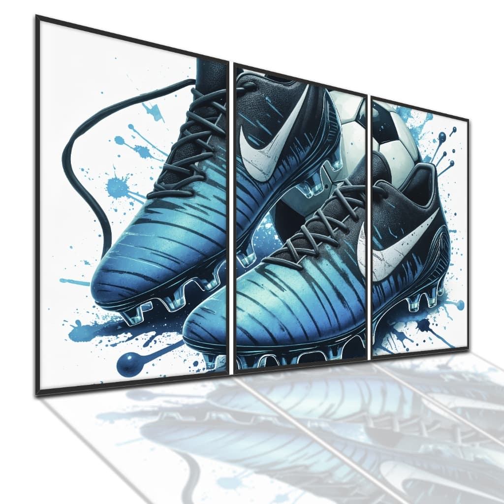 Quadro Decorativo Chuteira Futebol Bola Aquarela Azul Para Quarto Sala Escritório Moderno