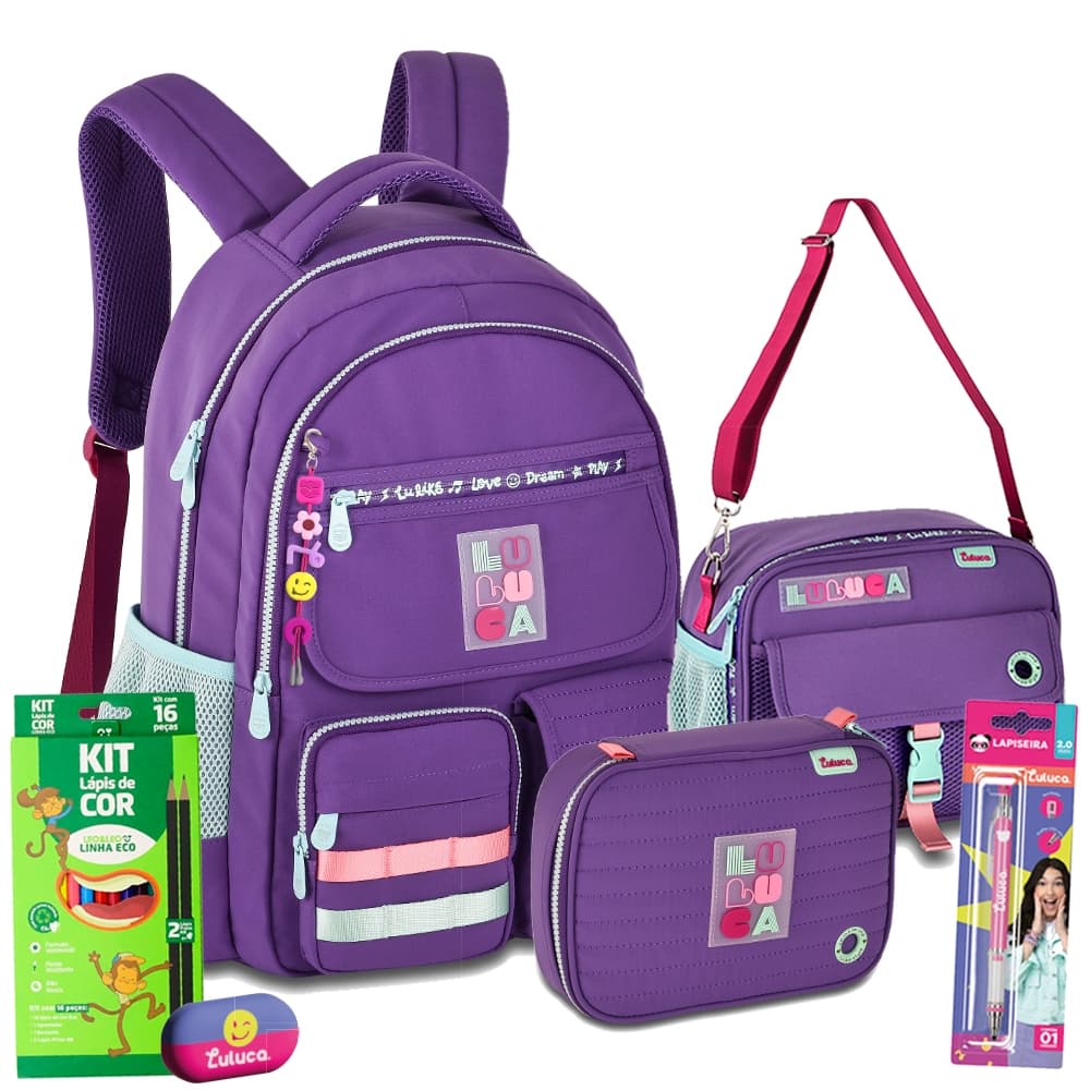 Super Kit Mochila Estojo Lancheira Tiracolo Luluca Panda Youtuber Teen Garotas Colegial Linda Nylon