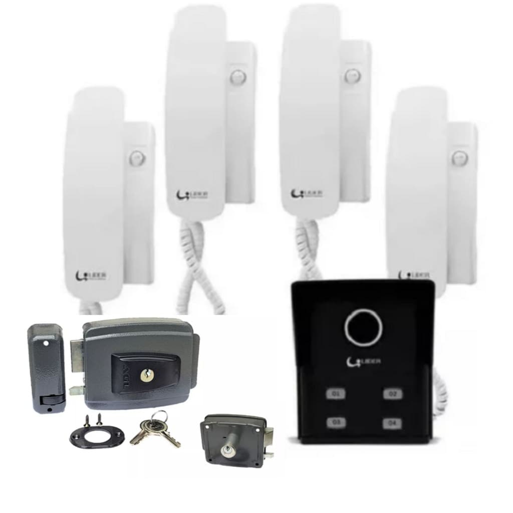 Kit Interfone Coletivo Lr804 4 Pontos + 4 Fones + Fechadura