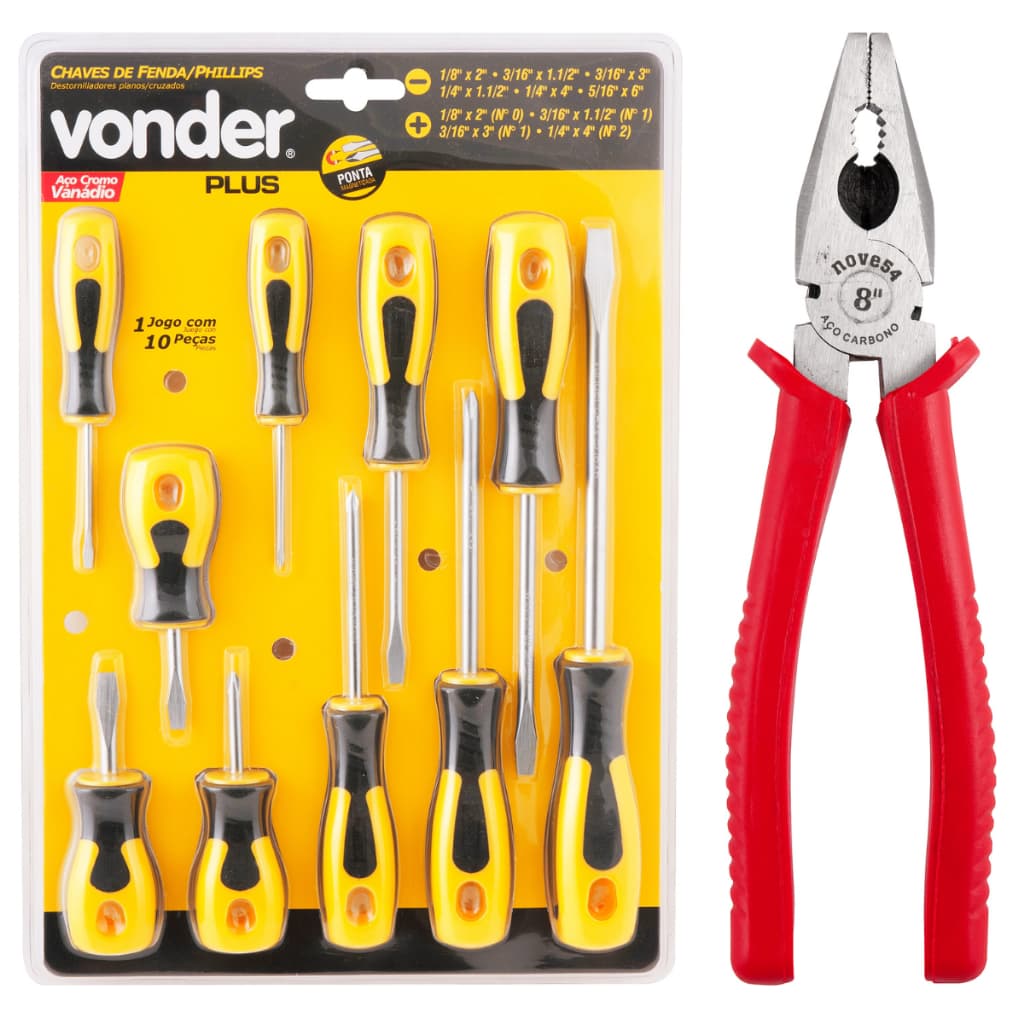 Kit Vonder 10 Chaves Magnetizadas Imã Chave Fenda E Philips Emborrachada + Alicate Universal 8"