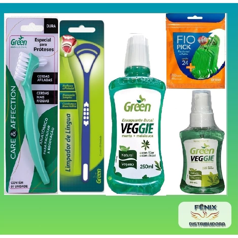 Kit completo p/ higiene prótese dental/dentaduras Original Green Care&Affection Linha profissional