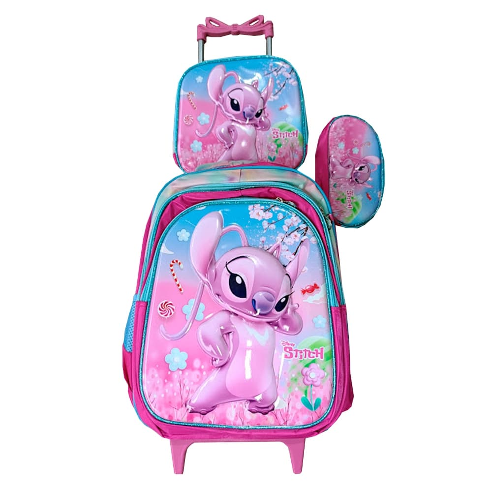Kit Mochila Stitch Menina em 3D com Lancheira Térmica e Estojo Escolar Infantil em Alto Relevo
