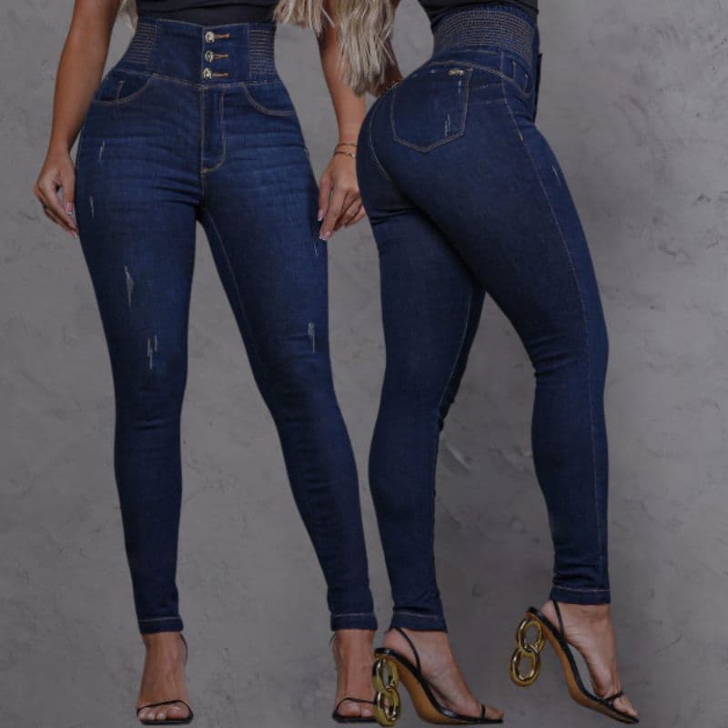 Calça jeans feminina modeladora cós cintura alta com LAYCRA Jeans PREMIUM Luxo empina bumbum