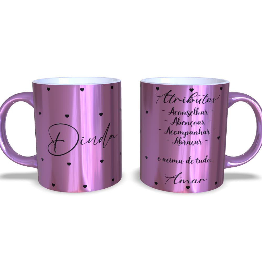 caneca 325ml cerâmica cromada metalizada rosa rose dourada prata para madrinha padrinho dinda dindo batizado