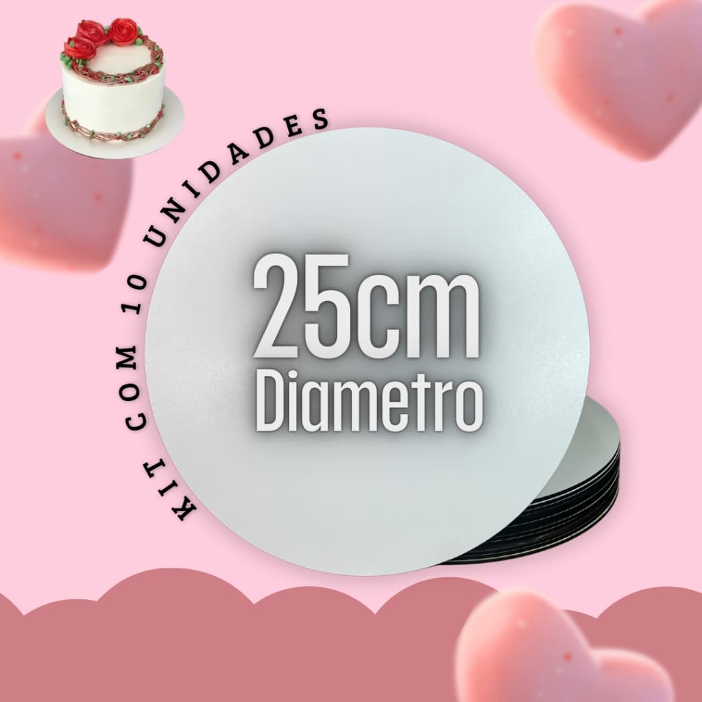 CAKE BOARD 25CM MDF 3MM LAMINADO BRANCO KIT 10 UNDS