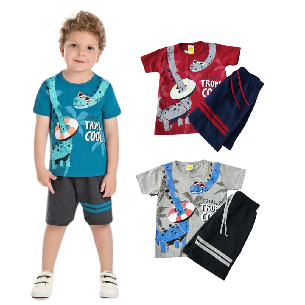 Conjunto Masculino infantil camiseta dinossauro algodão e short moletinho Jaki Malhas verão